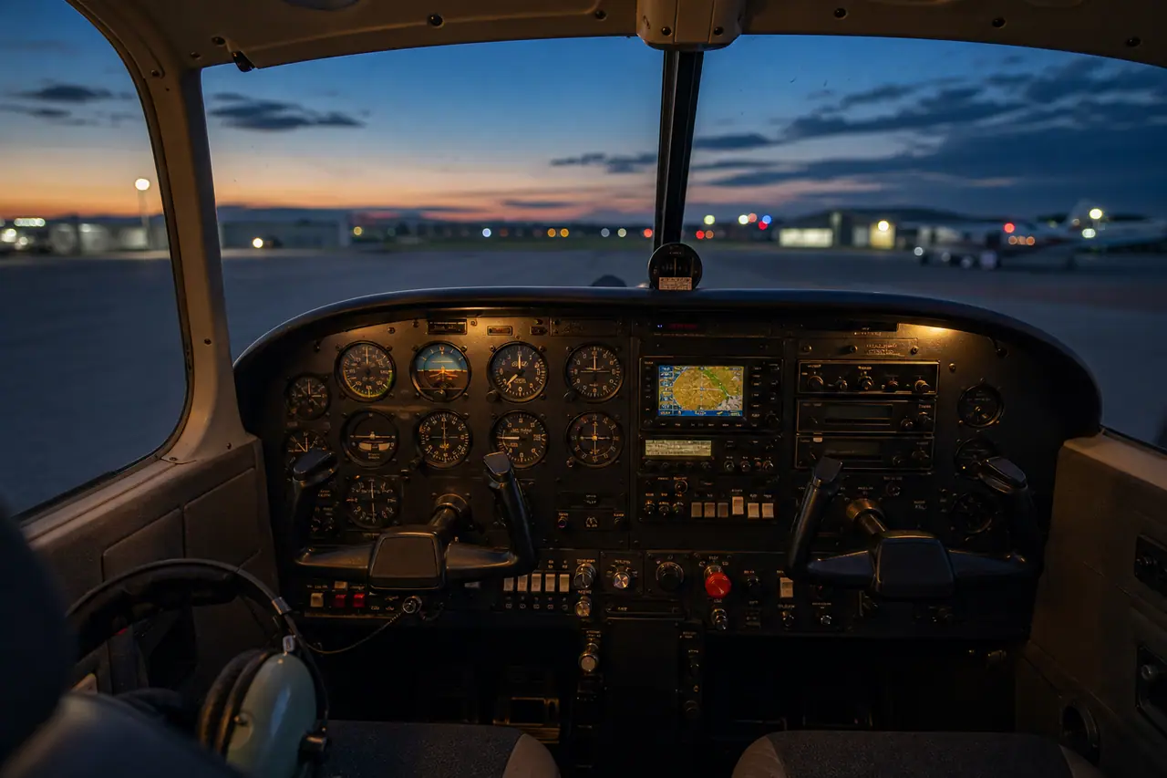 Cockpit view at dusk during flight.