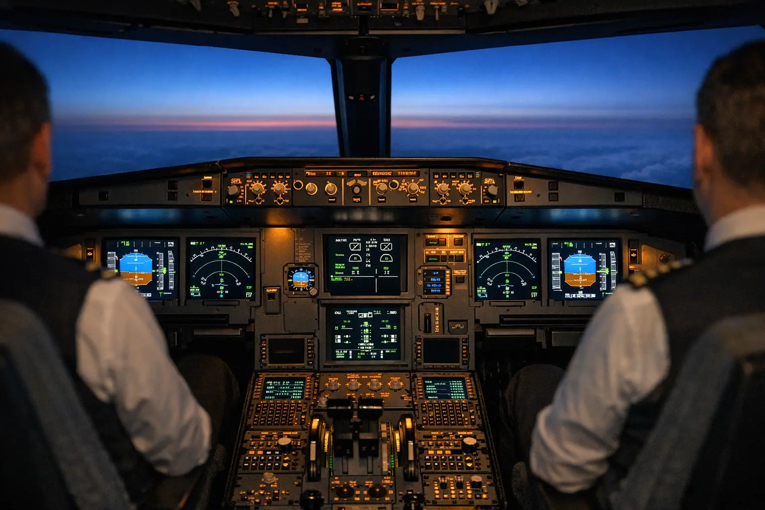 Cockpit view at dusk during flight.