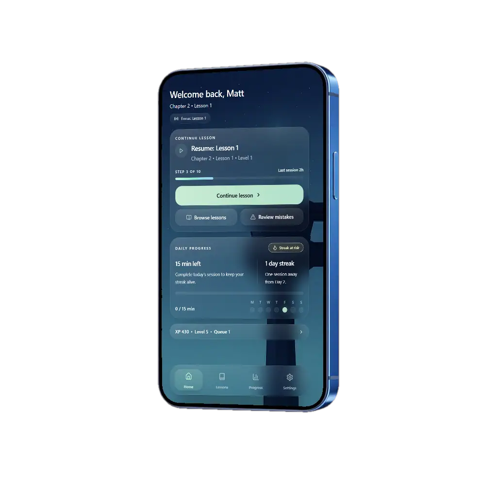 Squawk lesson preview showing guided radio practice on a green phone screen