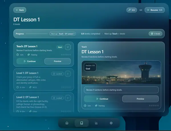 Updated Squawk lesson and level selection screen